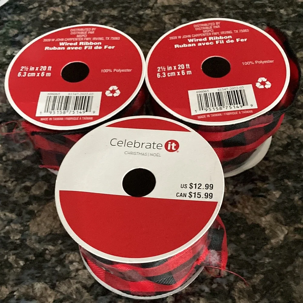CELEBRATE IT WIRED RIBBON BUFFALO PLAID LOT OF 3 NWT